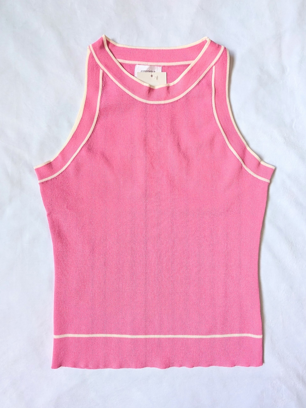 Anniewear Knit Tank Top Womens L Large Pink White Sleeveless Crew Neck